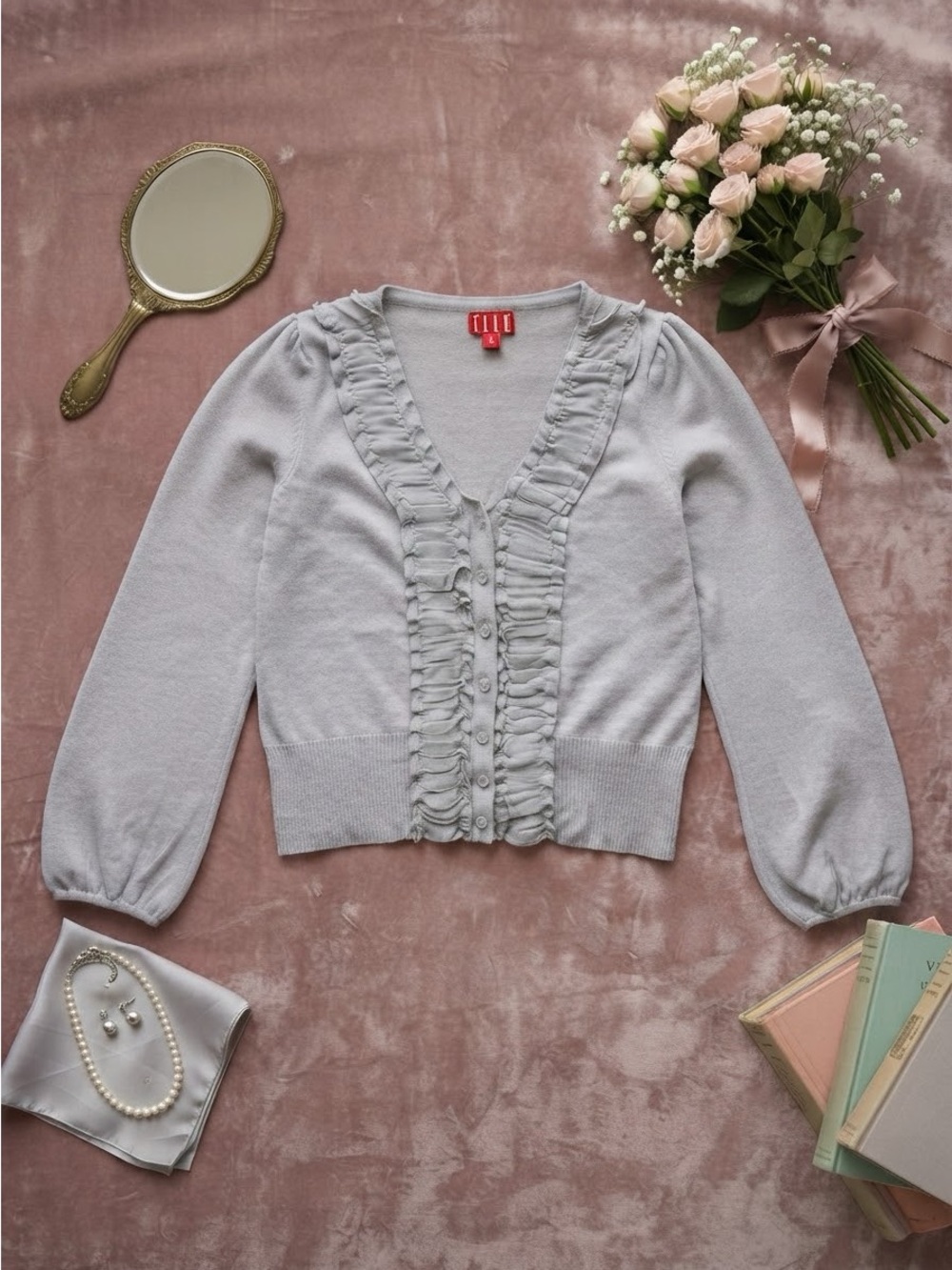 Elle Cardigan Gray Knit Ruffles Balloon Sleeve Coquette Balletcore Fairycore M